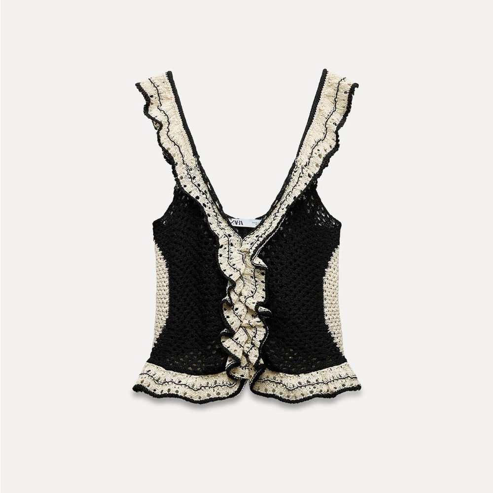 NWT Zara Pointelle Ruffled Knit Top - Picture 5 of 11